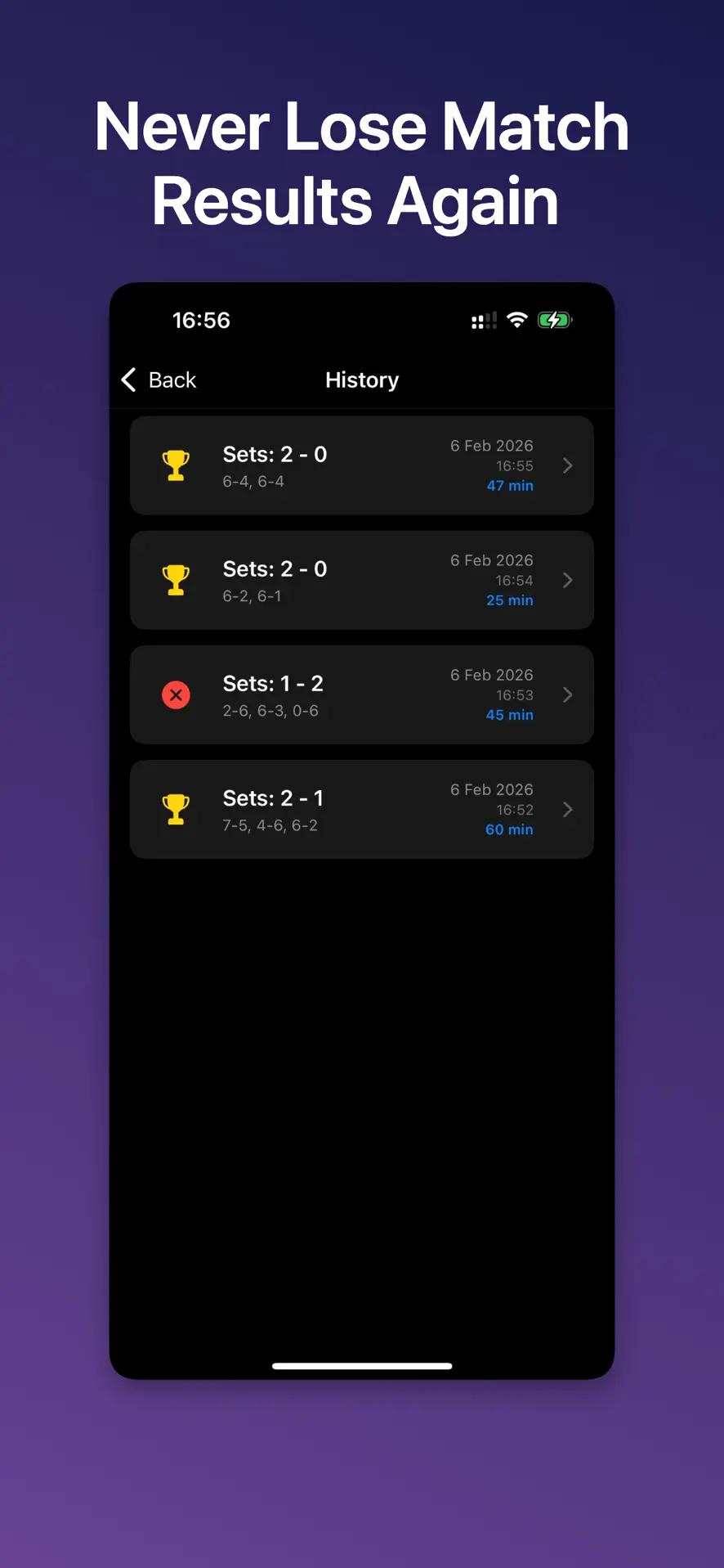 PadelPro match history listing padel matches with set scores, date and duration