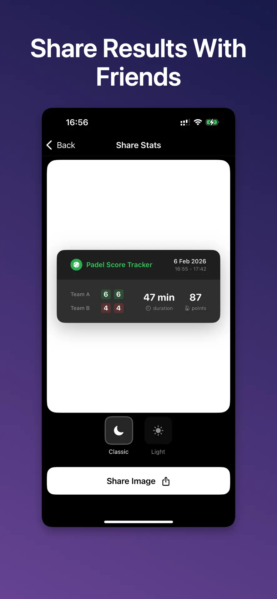 PadelPro share screen creating a padel result card with set scores, duration and total points
