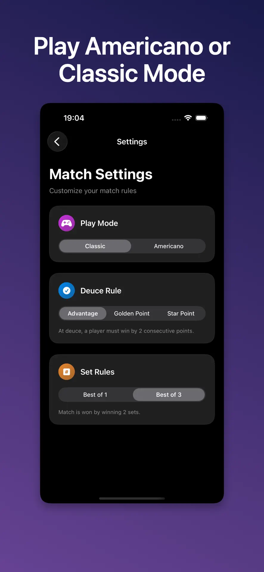 PadelPro match settings screen with Classic and Americano play modes, deuce rule options and best of 1 or best of 3 sets
