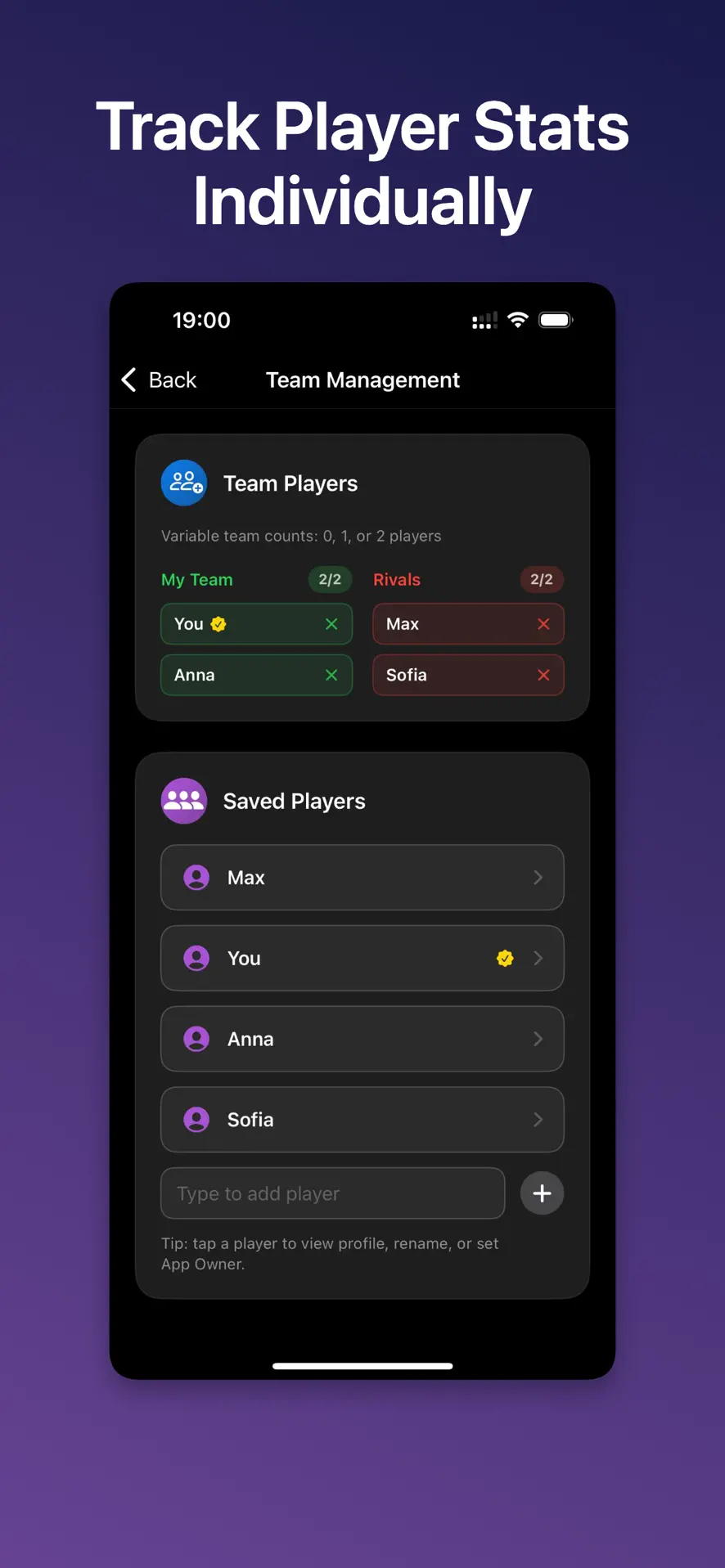PadelPro team management screen with saved padel players assigned to your team and rivals