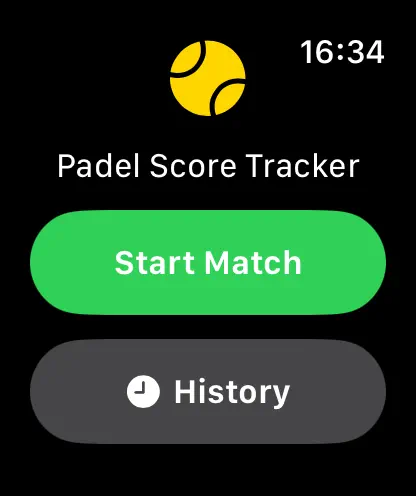 PadelPro on Apple Watch showing the Start Match and History buttons