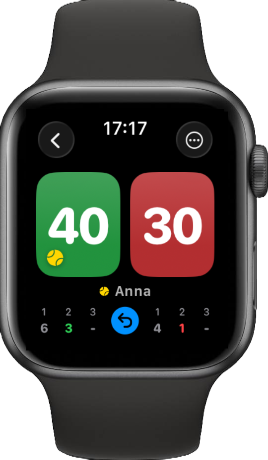 PadelPro on an Apple Watch showing a live padel score of 40-30, the serving player Anna, and set scores of 6-4 and 3-1